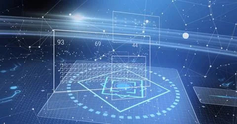 Image of digital data processing with circuit board over black background Foto stock