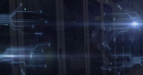 Image of digital data processing with circuit board over computer servers 스톡 사진