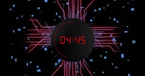 Image of digital data processing with countdown over circuit board on black Foto stock