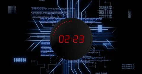 Image of digital data processing with countdown over circuit board on black Stock Photos