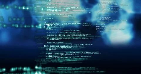 Image of digital data processing on dark background Foto stock