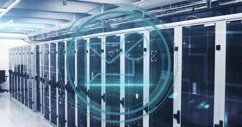 Image of digital data processing with envelope icons over computer servers 스톡 사진