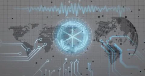 Image of digital data processing, globe over circuit board Illustrazione stock