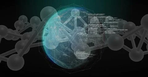 Image of digital data processing, globe over dna strand spinning 스톡 사진
