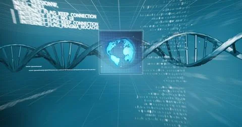 Image of digital data processing, globe over dna strand Stock Photos