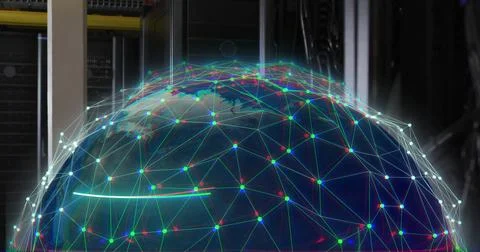 Image of digital data processing with globe over computer servers 스톡 사진