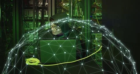 Image of digital data processing with globe over it asian male technician Stock Photos
