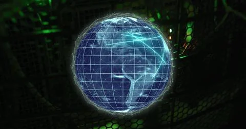 Image of digital data processing with globe over computer servers 스톡 사진