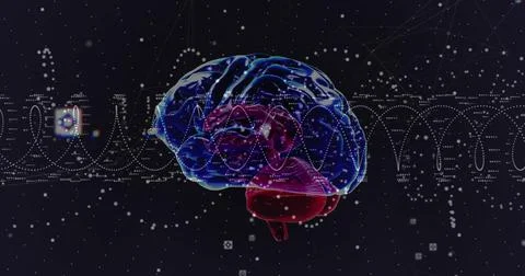 Image of digital data processing, human brain over dna strand spinning Foto stock