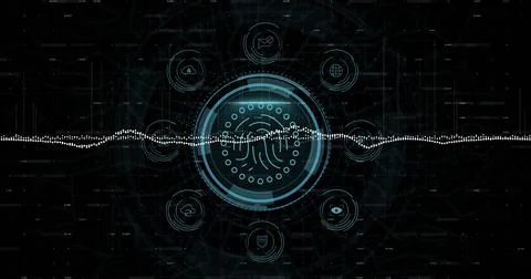 Image of digital data processing, icons over scope scanning on dark background Illustrazione stock