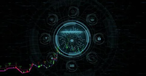 Image of digital data processing, icons over scope scanning on dark background 스톡 일러스트