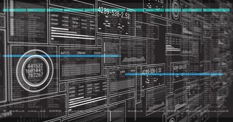 Image of digital data processing with numbers and graphs on interface Stock Illustration