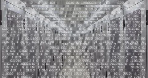 Image of digital data processing over server room Illustrazione stock