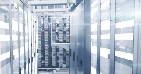 Image of digital data processing over server room Illustrazione stock