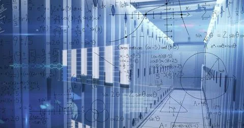 Image of digital data processing over server room Stock Illustration