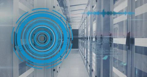 Image of digital data processing over server room Illustrazione stock