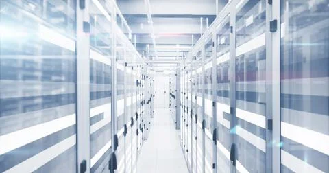 Image of digital data processing over server room Stock Illustration
