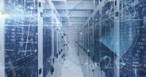 Image of digital data processing over server room 스톡 일러스트