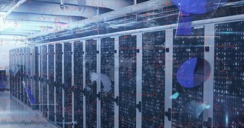 Image of digital data processing over server room Illustrazione stock