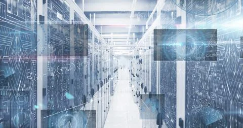 Image of digital data processing over server room イラスト素材