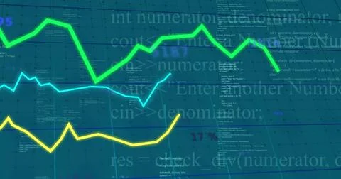 Image of digital data processing over lines changing on grid 库存插图