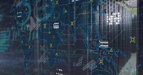 Image of digital data processing over computer servers Illustrazione stock