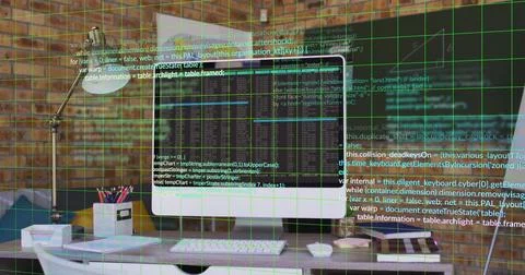 Image of digital data processing over computer on desk 스톡 일러스트