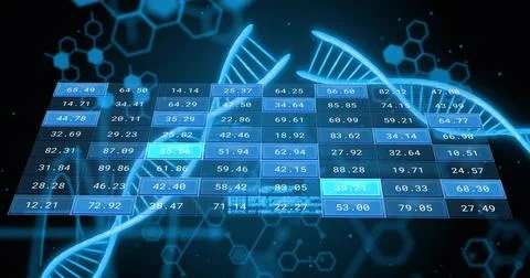 Image of digital data processing over dna stands and binary coding 스톡 일러스트