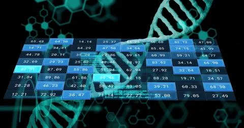 Image of digital data processing over dna stand and grid Stockillustratie