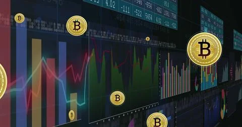 Image of digital data processing over bitcoin icons Stock Illustration