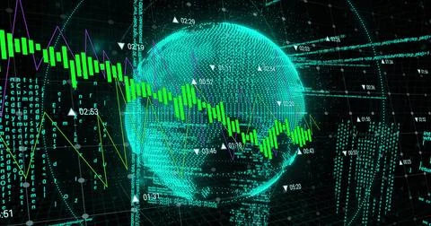Image of digital data processing over globe and computer servers Stockillustratie