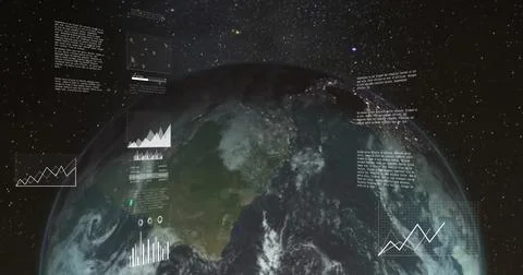 Image of digital data processing over globe on dark background Illustrazione stock