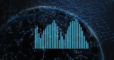 Image of digital data processing over globe on dark background Illustrazione stock