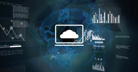 Image of digital data processing over globe on dark background Stock Illustration