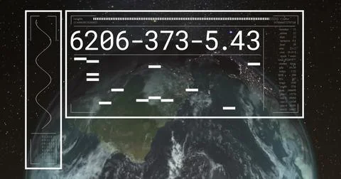 Image of digital data processing over globe on dark background Illustrazione stock