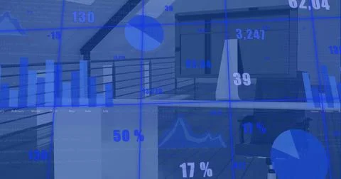 Image of digital data processing over desk in office Stockillustratie