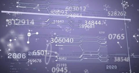 Image of digital data processing over purple background Illustrazione stock