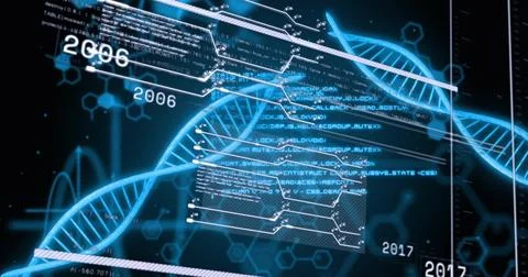 Image of digital data processing over dna strands on black background Stockillustratie