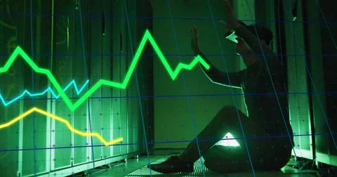 Image of digital data processing over asian businessman using vr headset by Stock Illustration