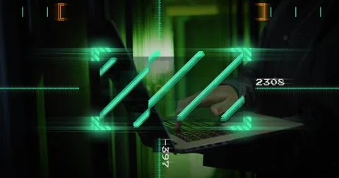 Image of digital data processing over biracial male it engineer and laptop by Stockillustratie