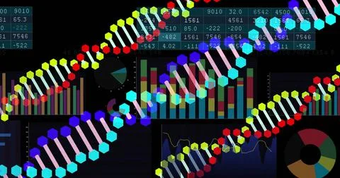 Image of digital data processing over dna strands Illustrazione stock