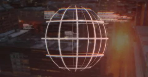 Image of digital data processing over globe and cityscape Stockillustratie