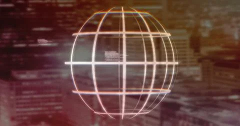 Image of digital data processing over globe and citycsape Illustrazione stock