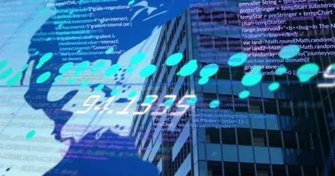 Image of digital data processing over world map and cityscape Illustrazione stock