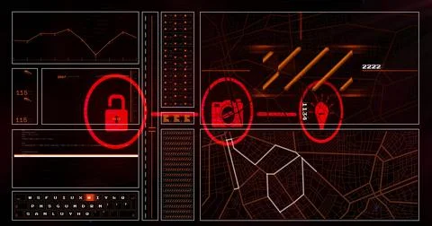 Image of digital data processing over network of connections with icons on black 스톡 일러스트