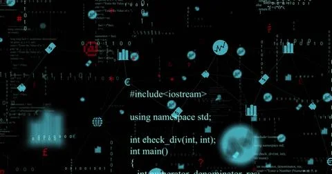 Image of digital data processing over network with icons on black background Stock Illustration