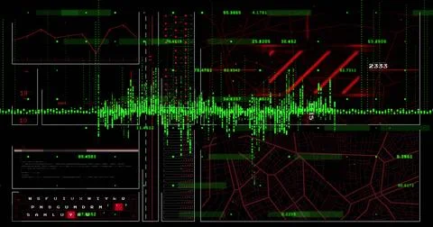 Image of digital data processing over screens on dark background Stock Illustration