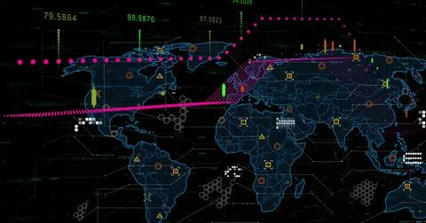 Image of digital data processing over world map on dark background 스톡 일러스트