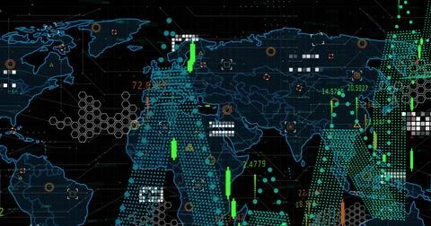 Image of digital data processing over world map on dark background Stockillustratie