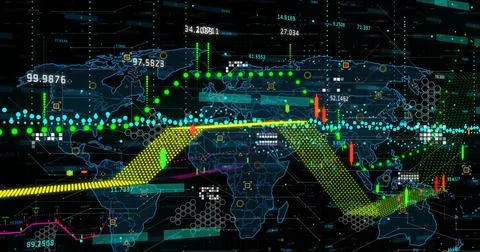 Image of digital data processing over world map on dark background Illustrazione stock
